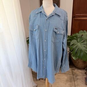 Wrangler Pearl Snap Western Denim Shirt 2XT 2XL Tall Light Wash Cowboy